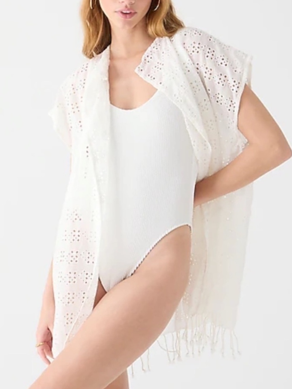 J.Crew White Eyelet Beach Poncho Cover-Up Fringe Hem Linen Cotton